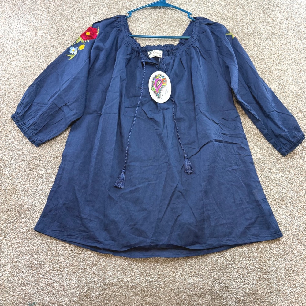 Magazine Navy Blue Floral Embroidered Cotton Peasant Top Tassels M NEW Boho